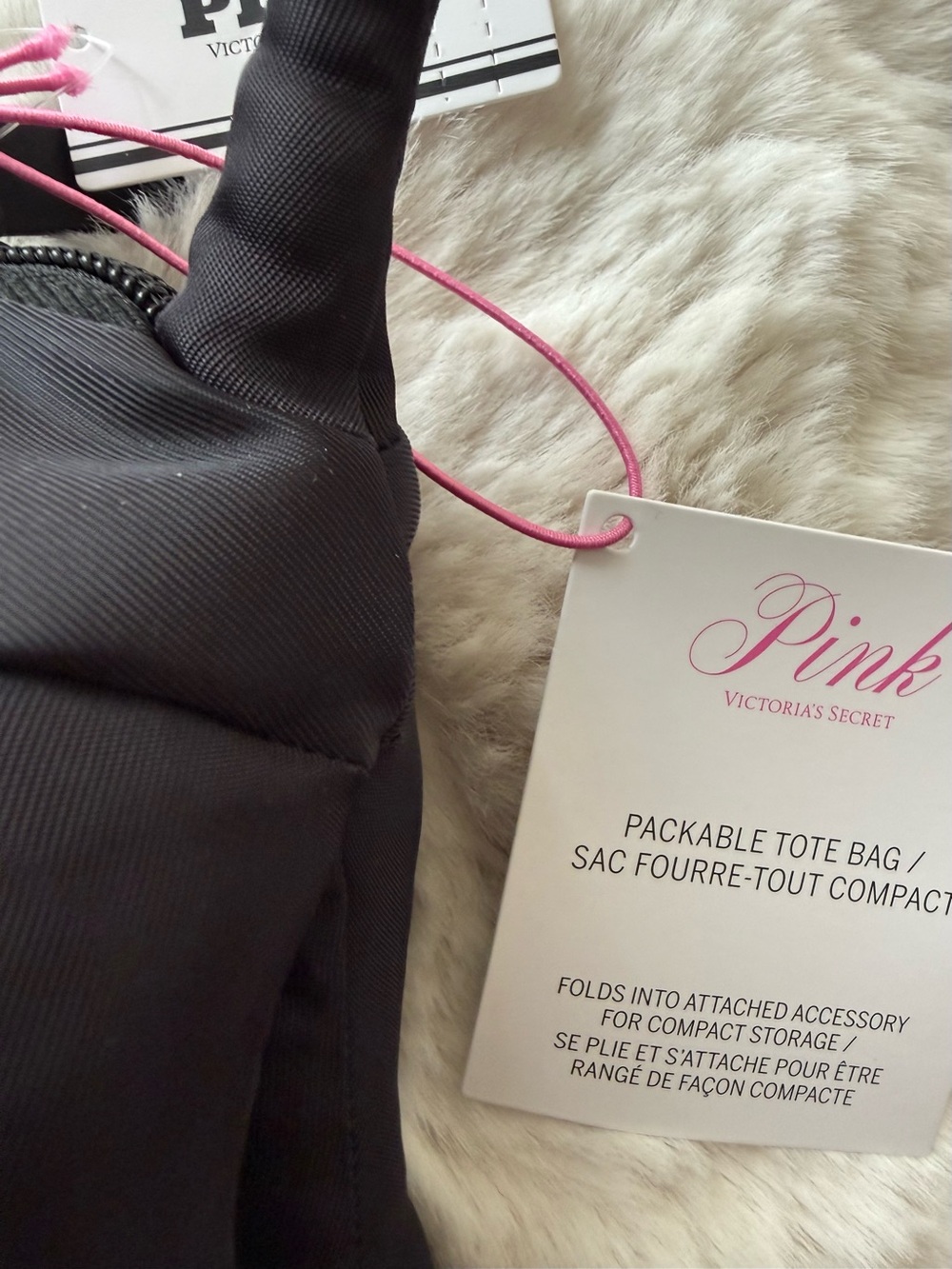 NWT! Victoria's Secret Pink Packable Dog Tote Bag Travel Black White Polka Dot - Picture 6 of 6